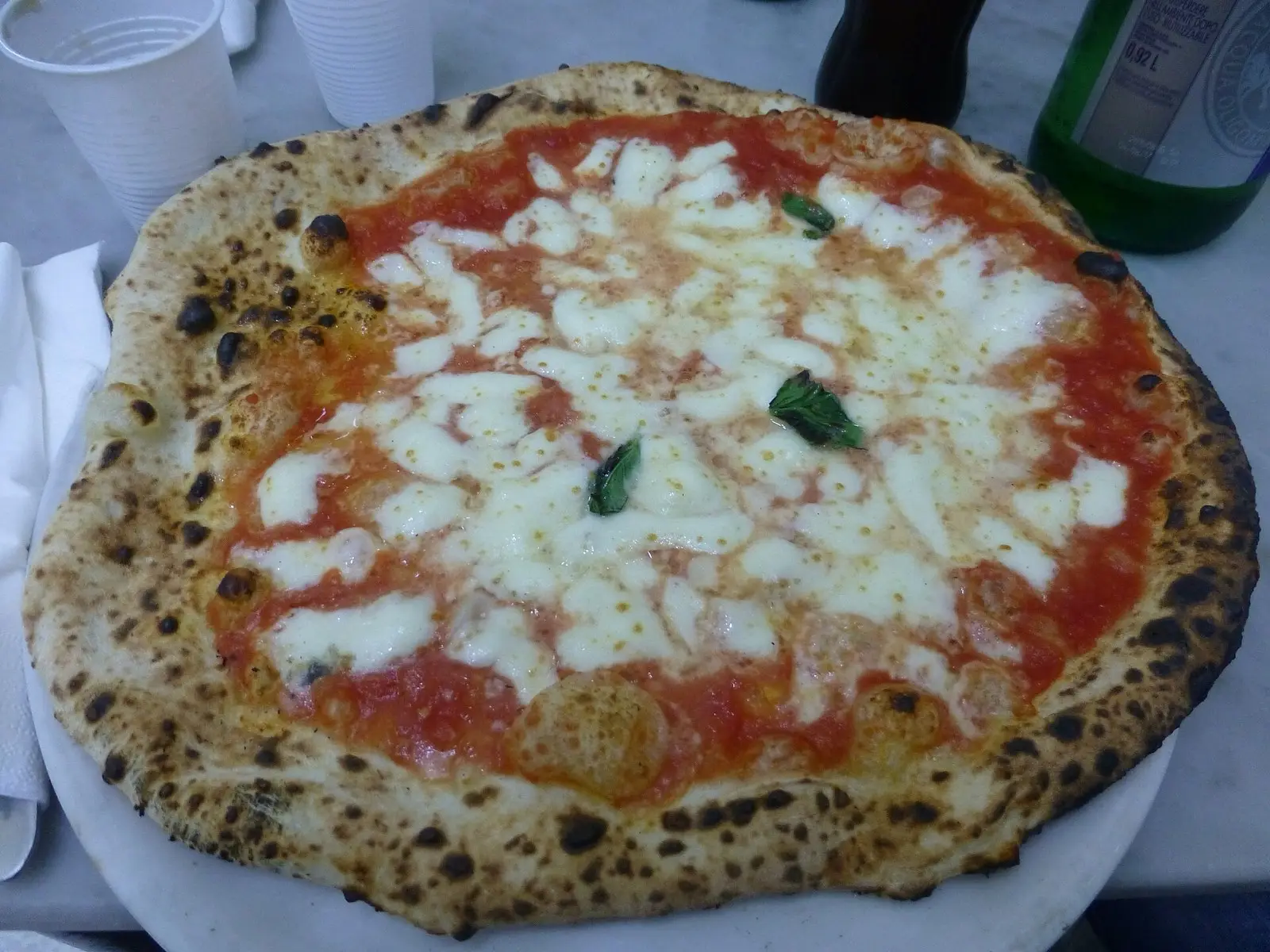 A Neapolitan margherita pizza with a blistered crust